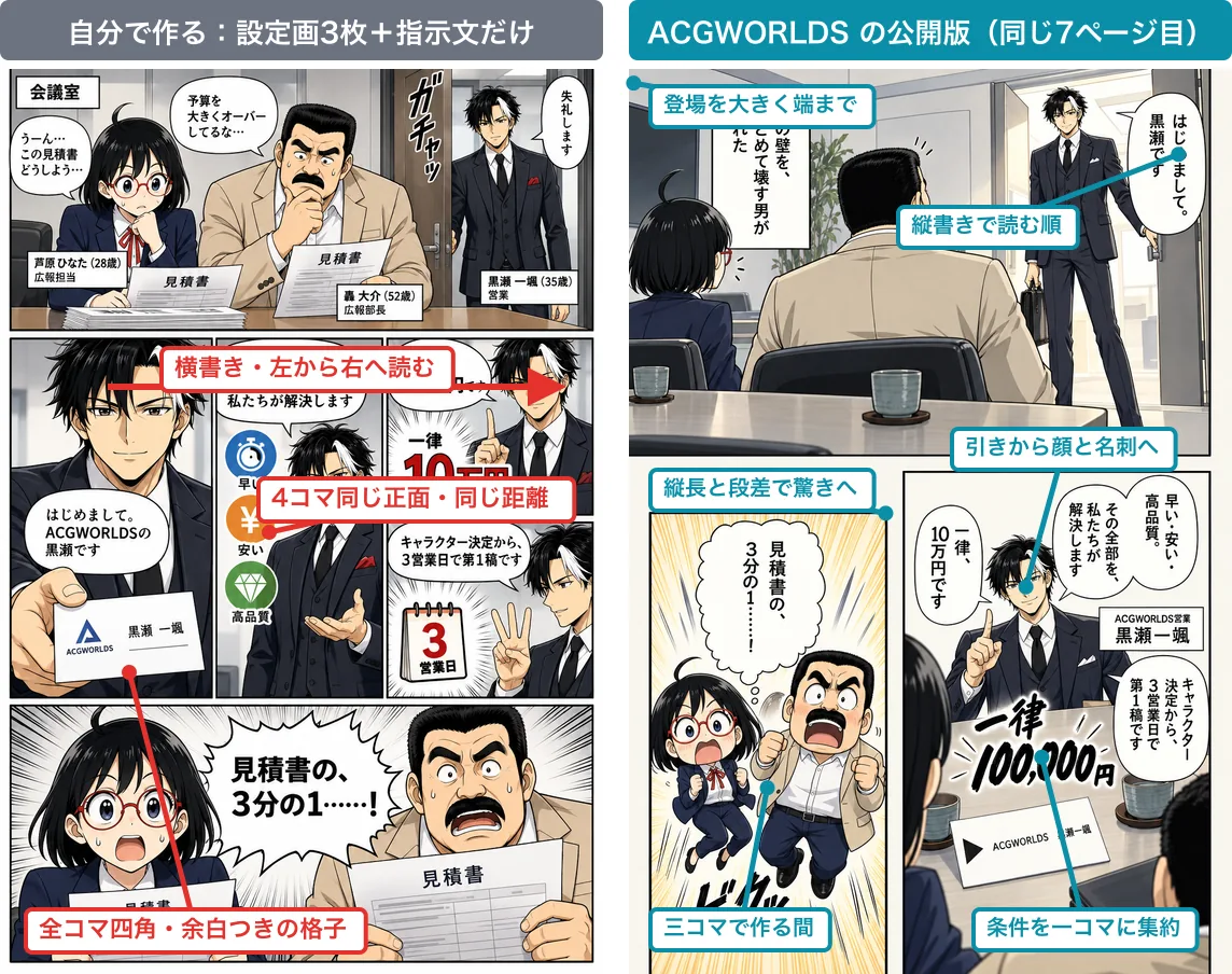 左が「自分で作る」のA（ChatGPTの画像生成に設定画3枚と指示文だけを渡した出力）、右がACGWORLDSの公開版。同じ7ページ目。右の注記はコマ設計の記録と照合したもの（架空の題材）