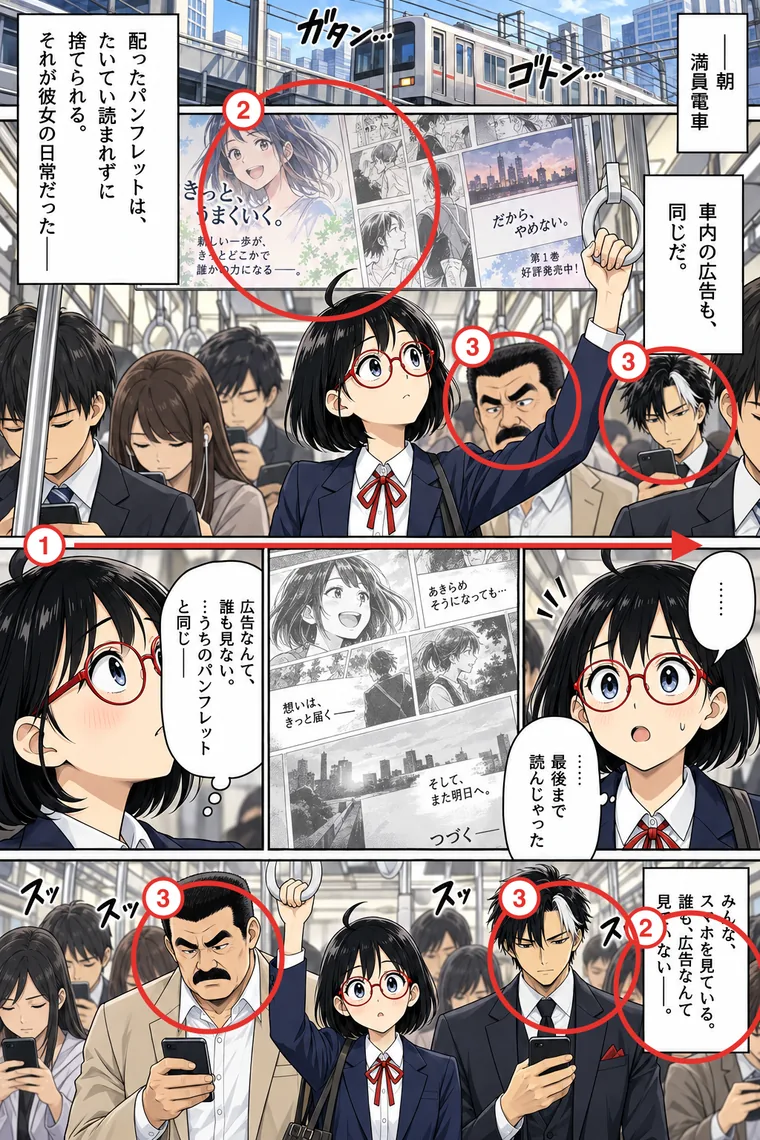 C：1ページ目（満員電車の場面）。指示文の場面とセリフだけ差し替え（架空の題材）