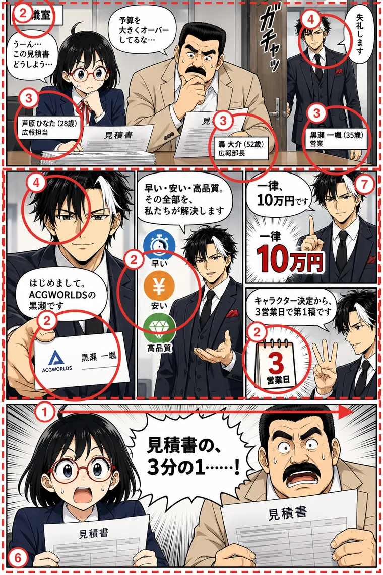 A：7ページ目・1回目。赤い番号は下の一覧に対応（架空の題材）