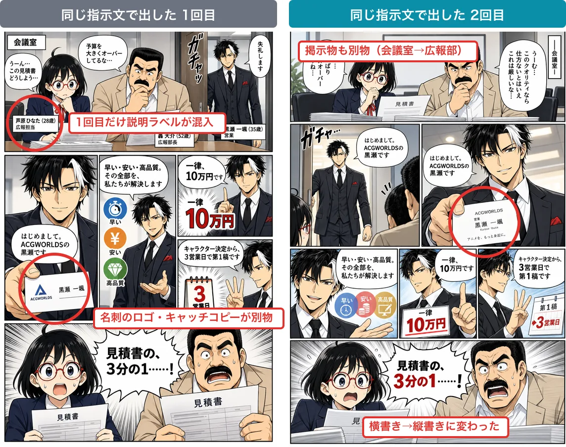 5の証拠：左がA（1回目）、右がB（2回目）。指示文は一字一句同じ。横書きが縦書きに変わり、名刺のロゴとキャッチコピー、掲示物、コマ割りが違い、Aだけ説明ラベルが混入した