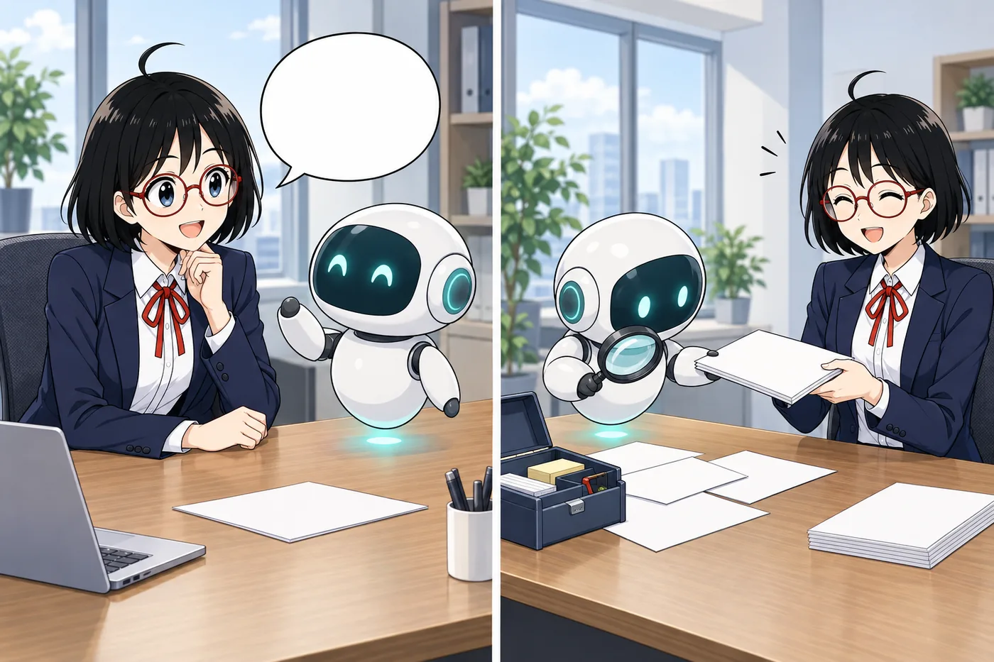 会話で答えるAIと、資料や道具を使って作業を進めるAIエージェントの違い（イメージ図）