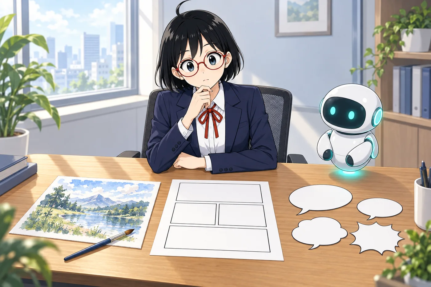 絵を作る道具、漫画のページを整える道具、話を考える道具を並べた様子（イメージ図）
