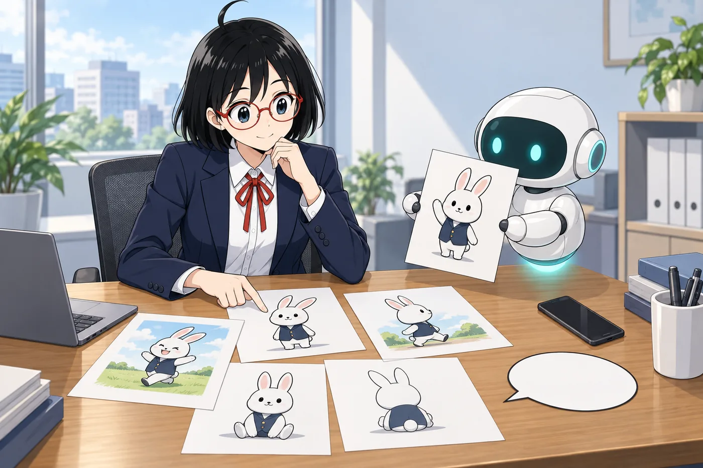 会社員が漫画の続きのページと、台詞を読む大きさを見比べる様子（イメージ図）