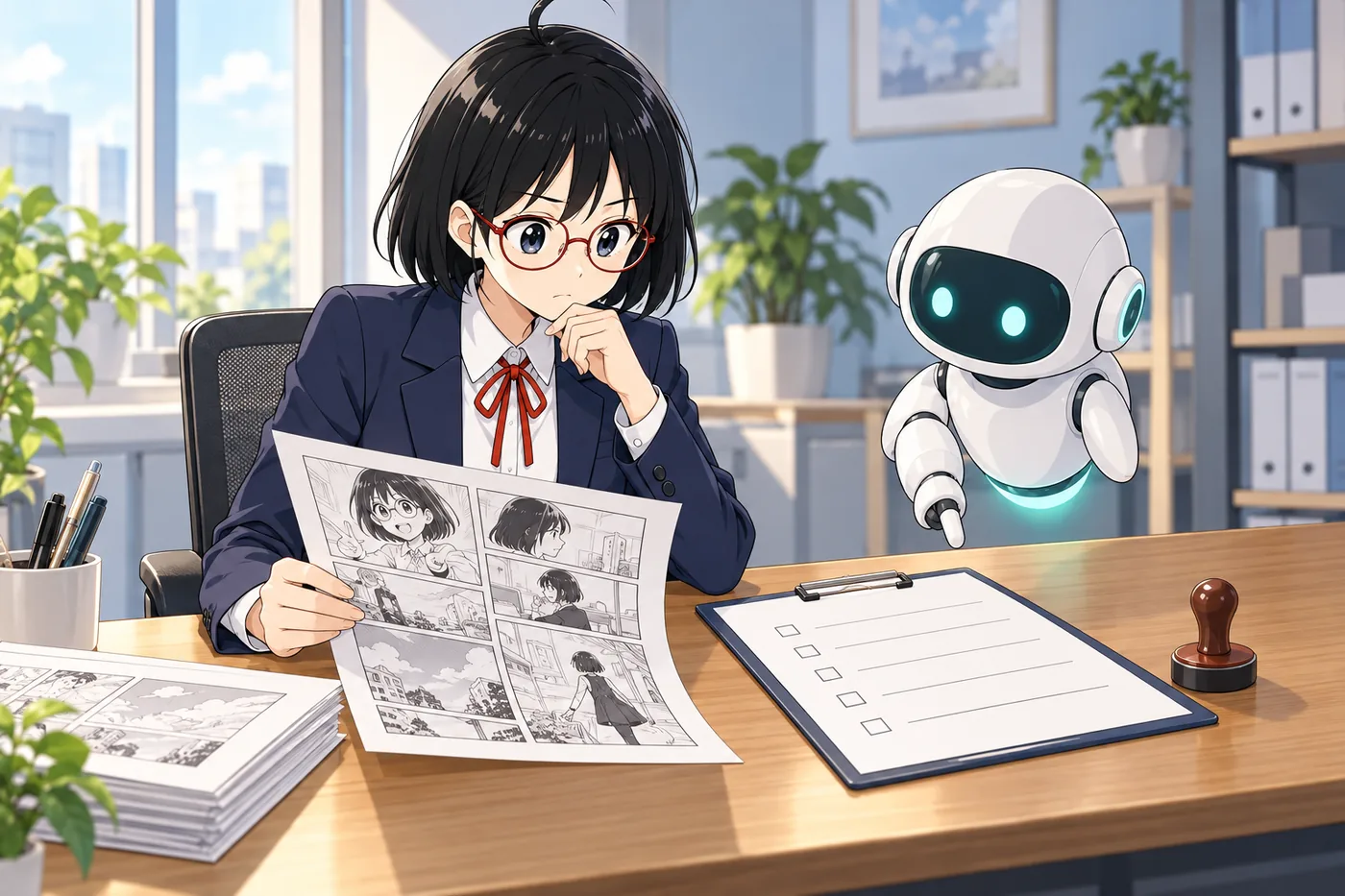公開する前に、漫画のページと確認項目を照らし合わせる様子（イメージ図）