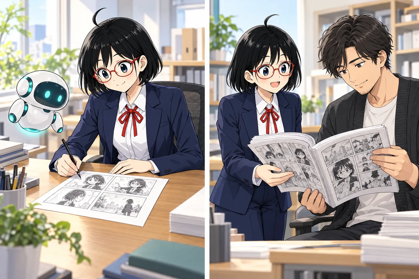 短い4コマ漫画は自分で作り、複数ページの漫画は制作の担当者に見てもらう様子（イメージ図）