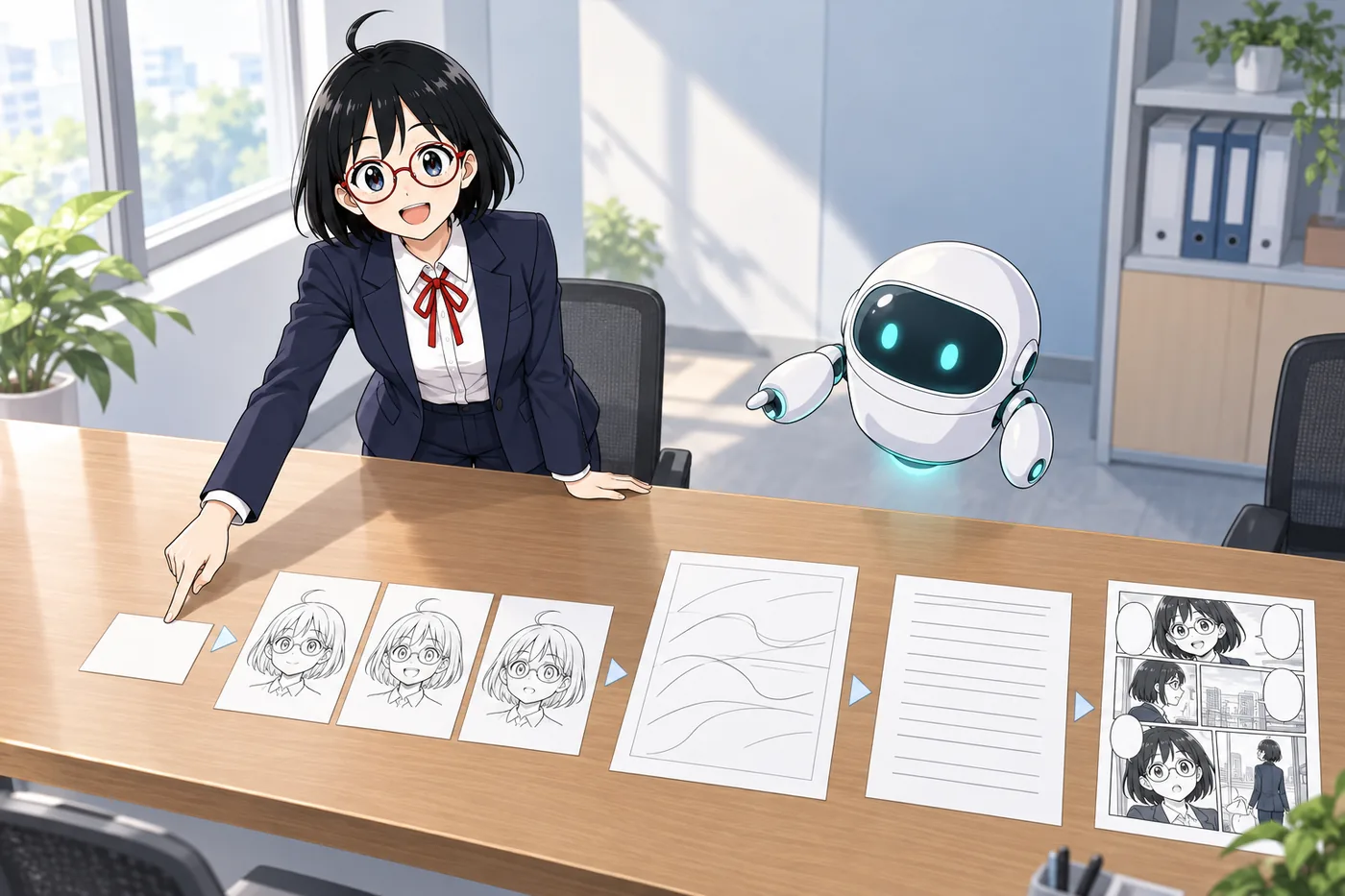 メモ、登場人物の設定、ストーリー、台本、漫画のページを、作る順番に並べた様子（イメージ図）