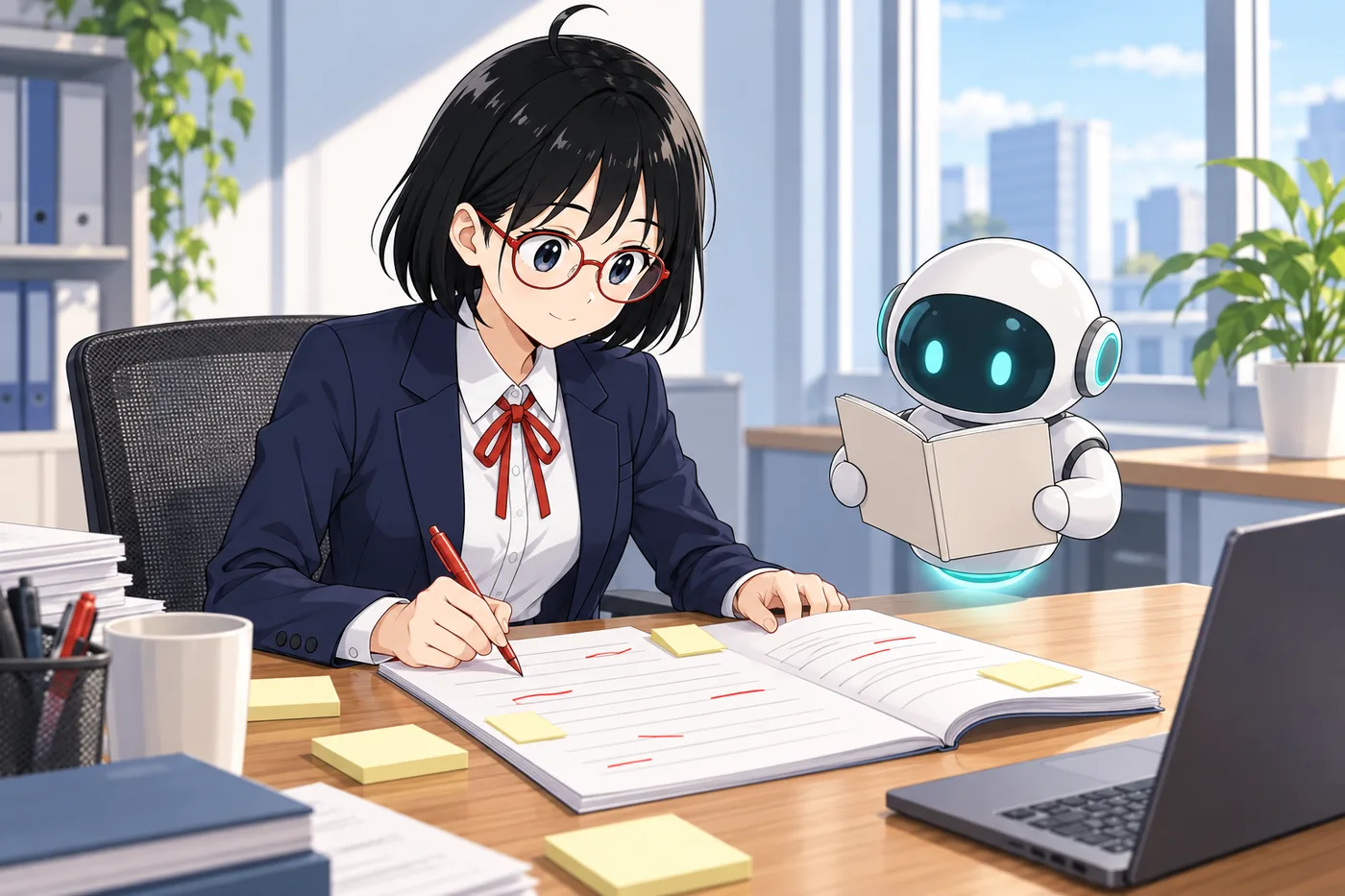 AIが書いた台本に赤ペンで直しを入れ、直し方をAIに覚えさせていく様子（イメージ図）
