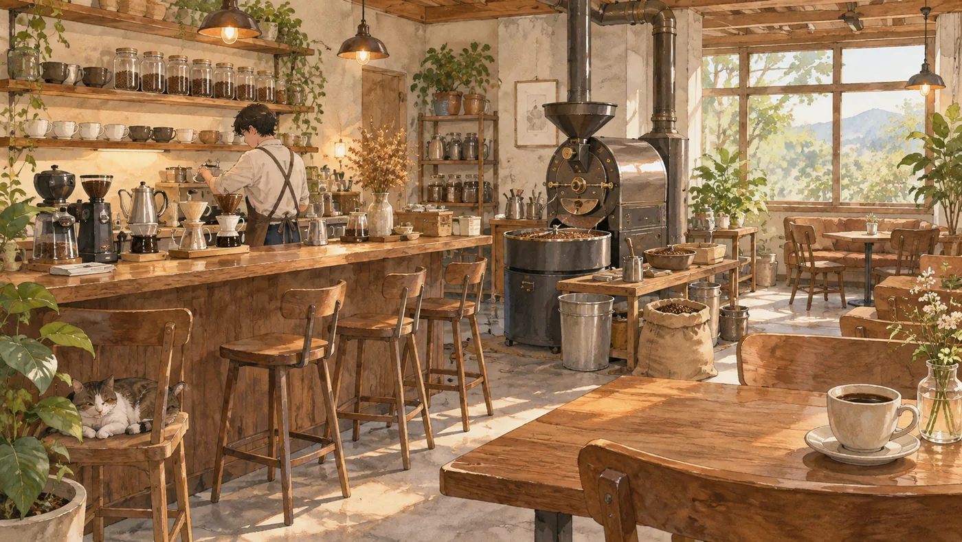 Claude CodeからCodexの画像生成を呼んで作った、架空の自家焙煎カフェの店内のイラスト（この記事のために作成した見本）