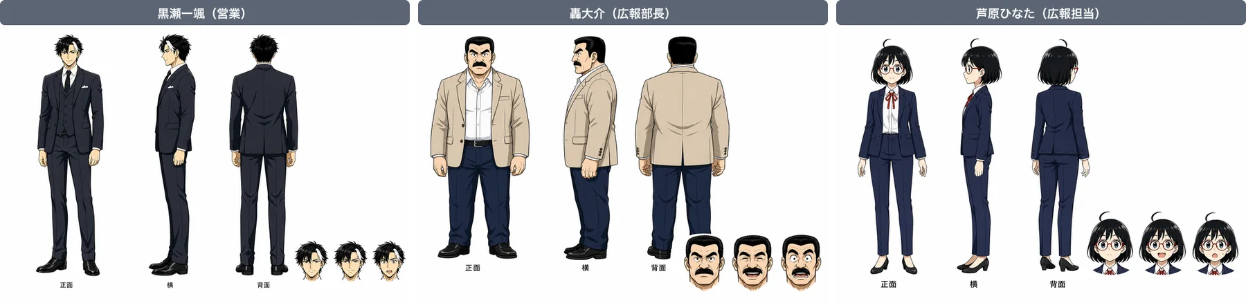 実験で使った3人の設定画。正面・横・背面の全身と表情3種（ACGWORLDSの作例の登場人物）