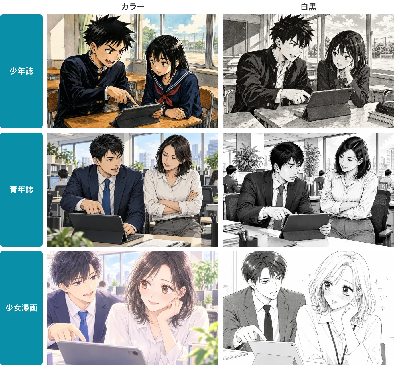 少年誌・青年誌・少女漫画のカラー見本（左）と白黒見本（右）。ACGWORLDSの9スタイルの見本より