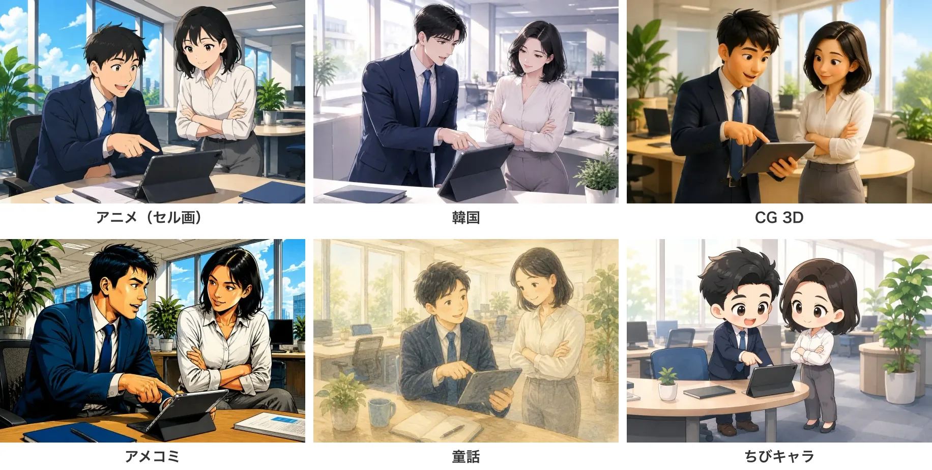 アニメ（セル画）・韓国・CG 3D・アメコミ・童話・ちびキャラのカラー見本。ACGWORLDSの9スタイルの見本より