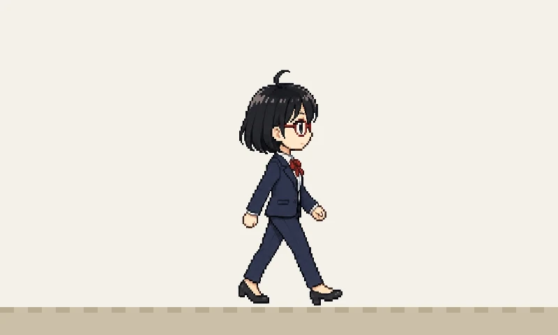 GPT Image 2.5で作ったドット絵のコマを順に並べた動き。歩きを2周したあと、しゃがんでジャンプし、着地する(この記事のために作成)