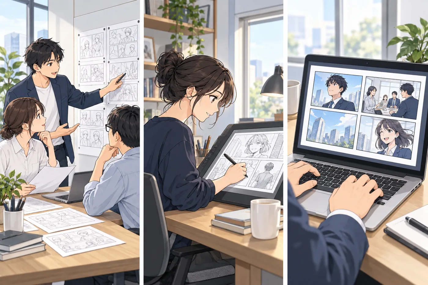 制作会社・個人の作家・セルフ型AIツールの3タイプ（ACGWORLDSのイラスト）