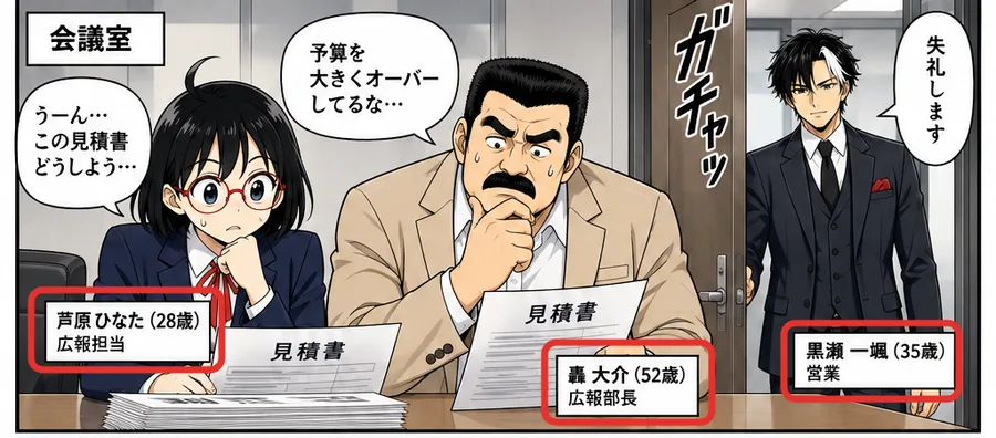 普通の文章で頼んだとき、人物の説明がそのまま名前ラベルとして描かれた例（架空の題材）