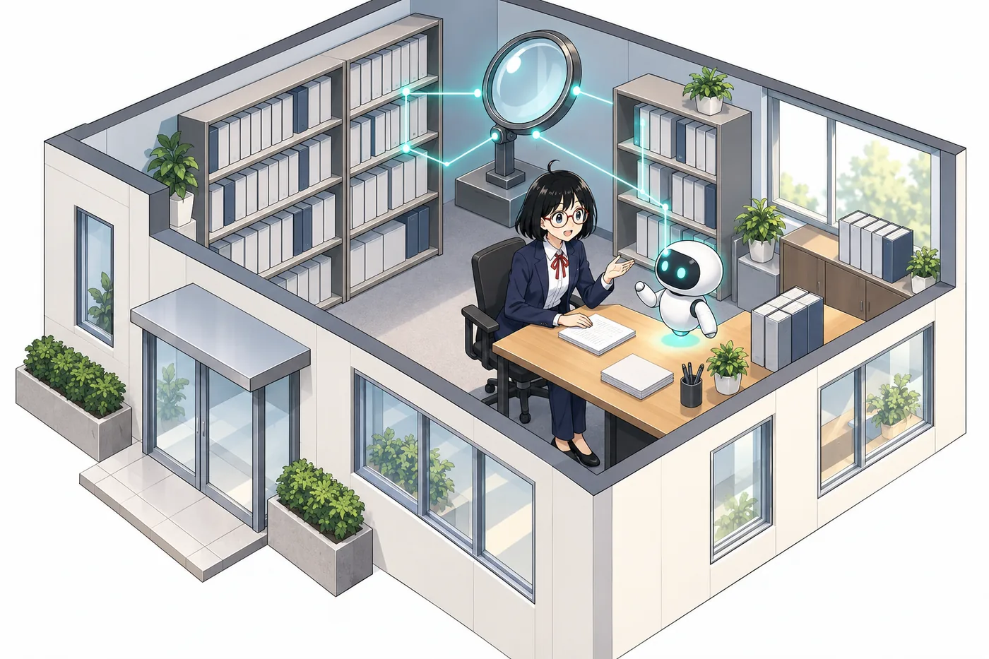 資料の保管、検索、AIの回答を社内設備の中で行う構成の考え方（イメージ図）
