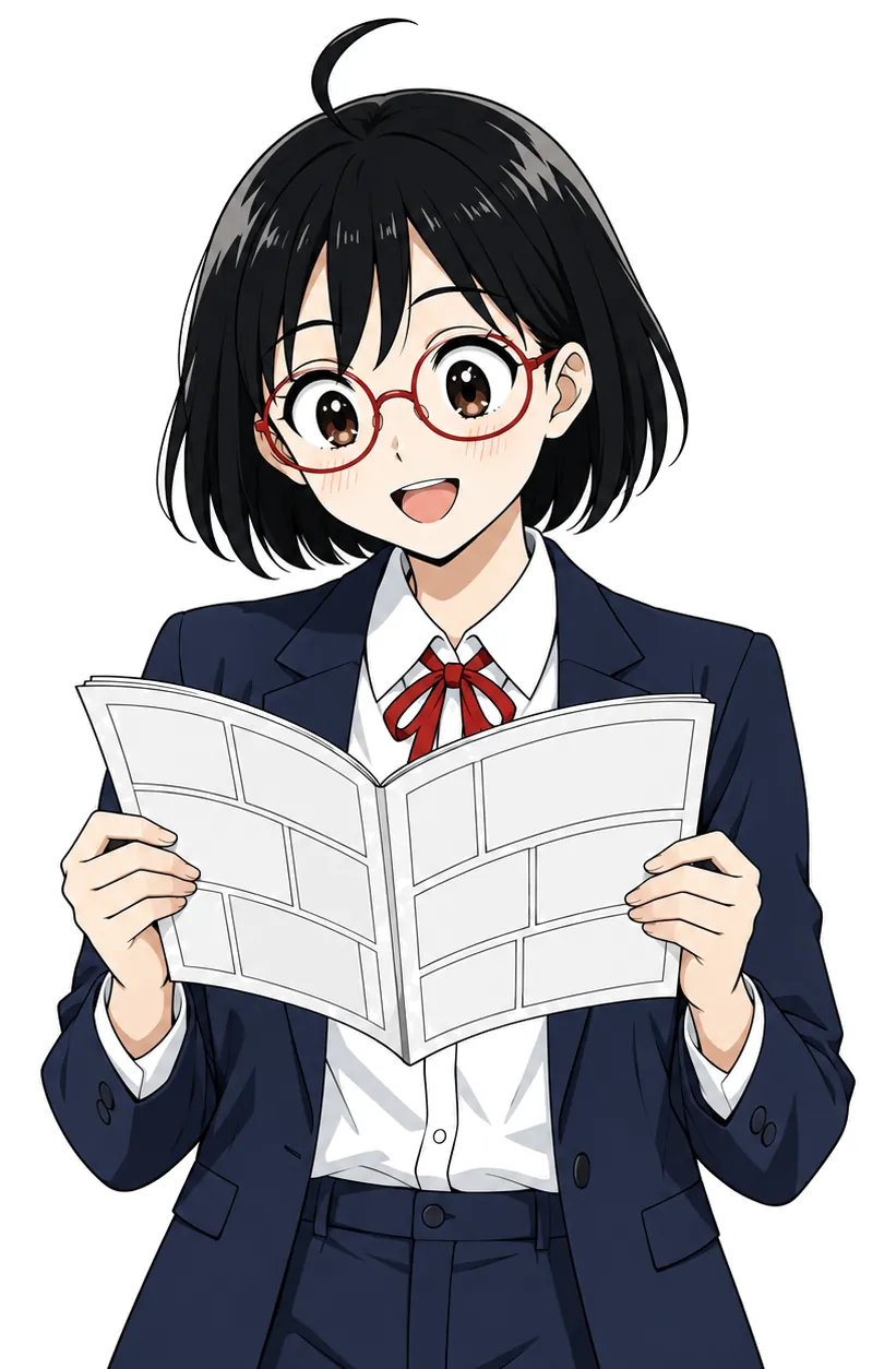 漫画の冊子を両手で開き、目を輝かせて読むひなたの挿絵