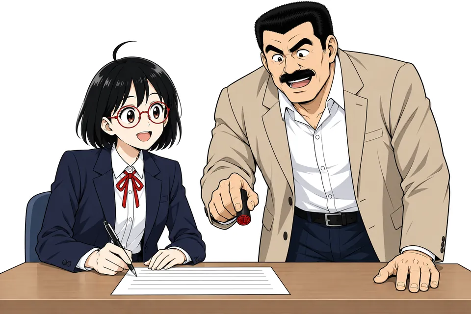 広報担当のひなたが机で稟議書を書き、部長が身を乗り出して判子を押そうとしている挿絵