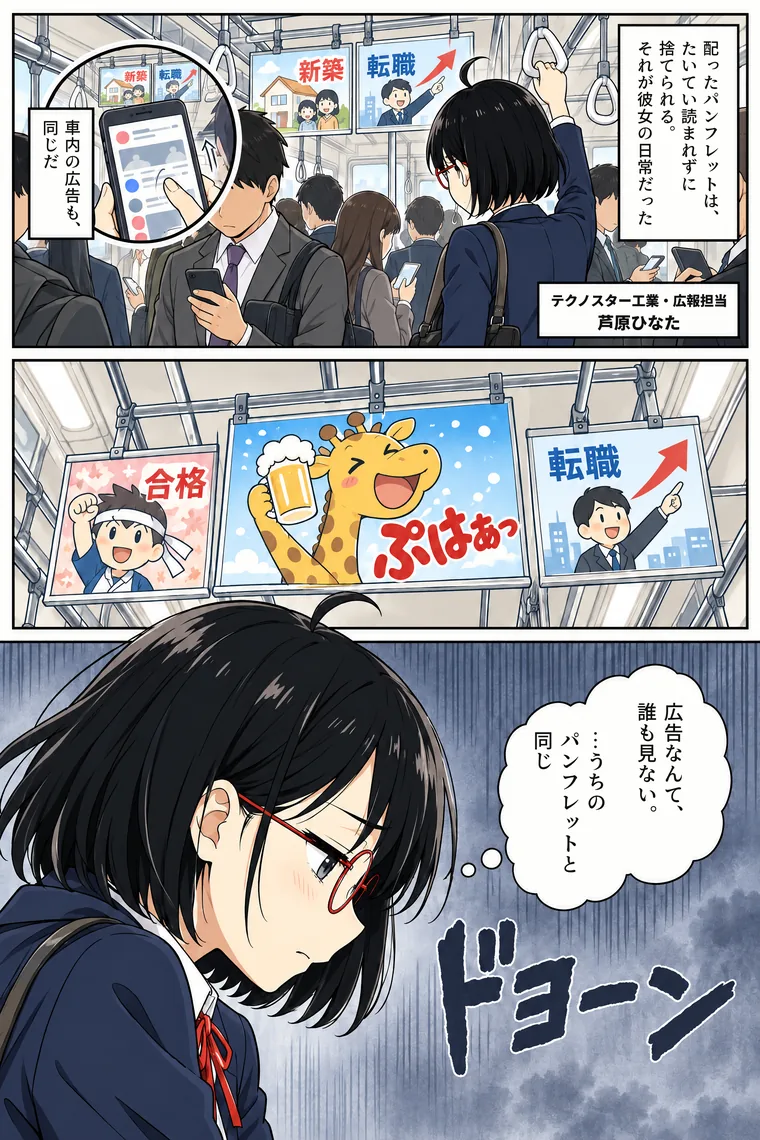 架空の会社の物語の作例 1ページ目。通勤電車で見過ごされる広告を眺め、配布パンフレットも読まれていないと悩む広報担当者