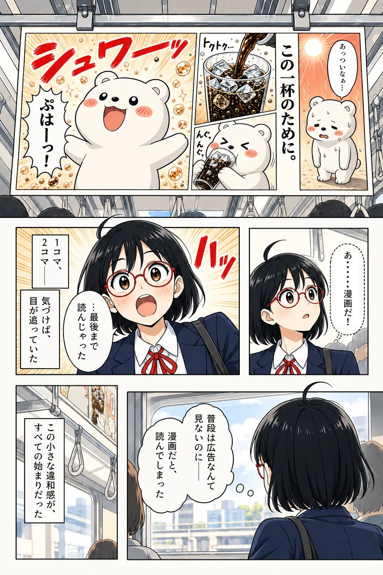 架空の会社の物語の作例 2ページ目。電車内の漫画広告に目を奪われ、普段は広告を見ない担当者が最後まで読み切って驚く場面