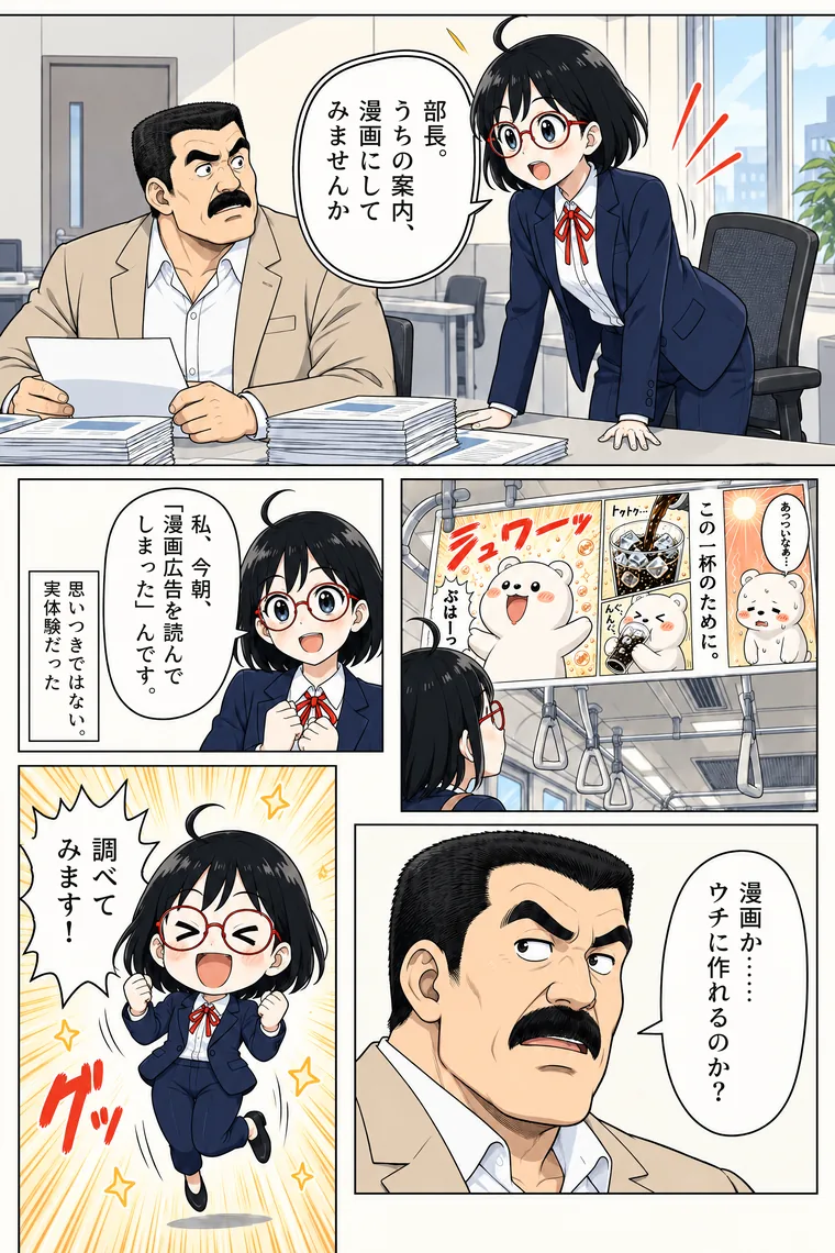 架空の会社の物語の作例 4ページ目。漫画広告を読み切った実体験をもとに、担当者が自社案内の漫画化を上司へ提案する場面