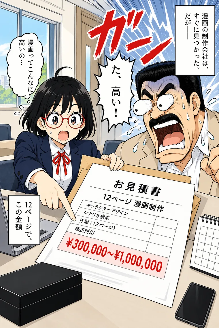 架空の会社の物語の作例 5ページ目。見つけた漫画の制作会社の見積書の金額と、予算との差に驚く担当者と部長