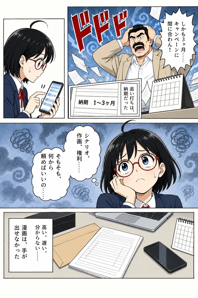 架空の会社の物語の作例 6ページ目。納期の長さにも頭を抱える部長と、何から頼めばよいか分からず悩む担当者