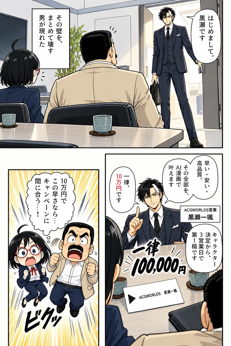 架空の会社の物語の作例 7ページ目。制作会社の担当者・黒瀬が現れ、料金と第1稿までの日数を説明する場面