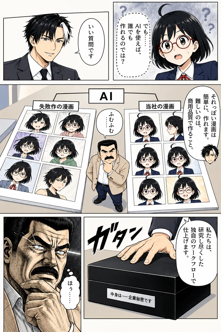 架空の会社の物語の作例 8ページ目。AIで誰でも作れるのではという問いに、全ページで人物を揃える難しさを黒瀬が説明する場面