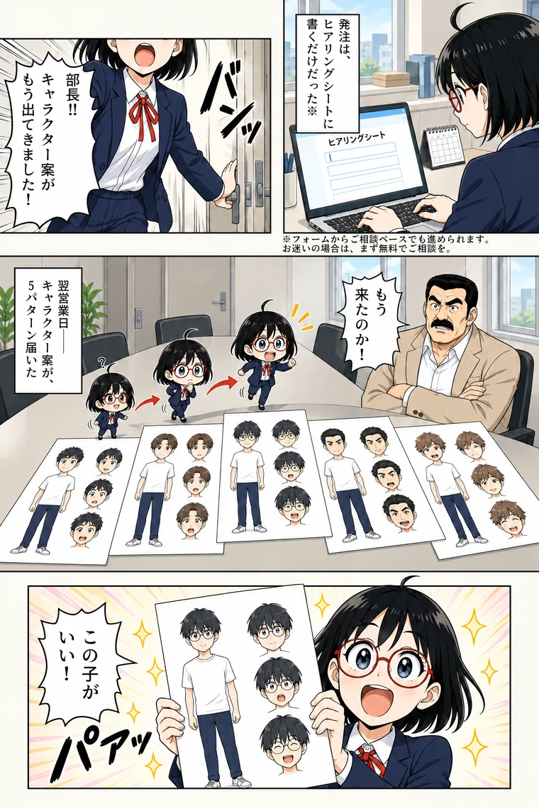 架空の会社の物語の作例 9ページ目。ヒアリング後に届いたストーリーと1キャラクター5案の表情を見て、担当者が案を選ぶ場面