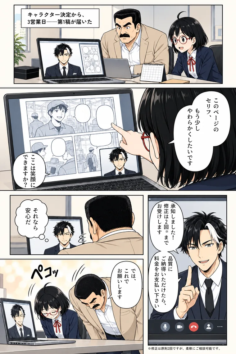 架空の会社の物語の作例 10ページ目。第1稿が届き、オンラインでセリフの修正を伝える担当者と、修正の回数と支払いの時期を説明する黒瀬