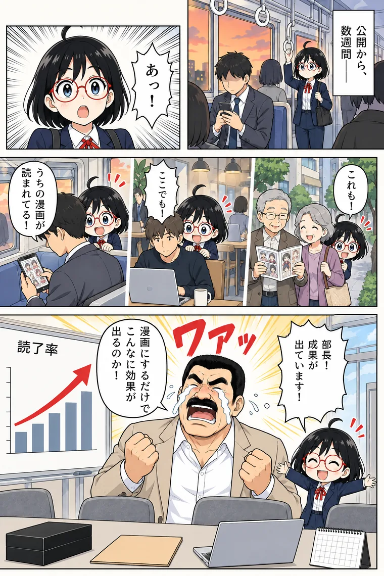 架空の会社の物語の作例 11ページ目。公開後、通勤電車やカフェで漫画が読まれているのを見つけ、部長と喜ぶ担当者