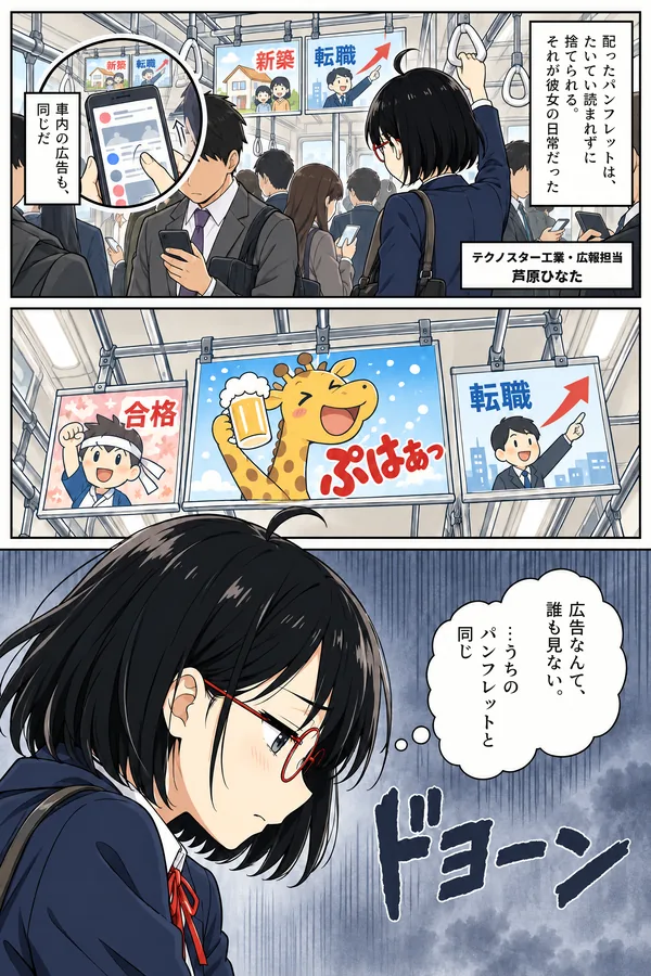当社の作例の1ページ目。電車の中の広報担当・芦原ひなた