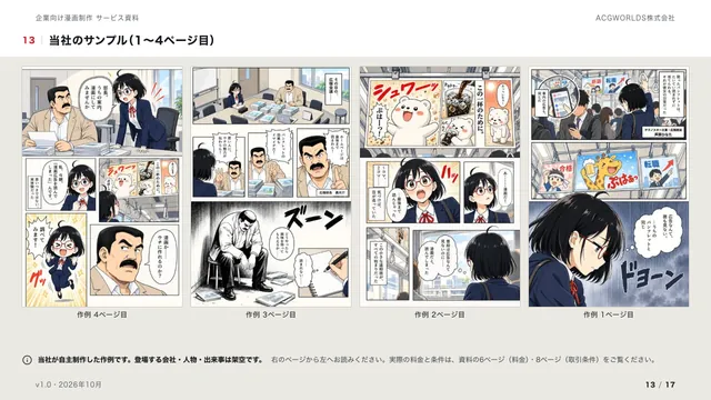 資料の中のページ「当社のサンプル」の縮小。作例の1〜4ページ目を右から左に並べたもの