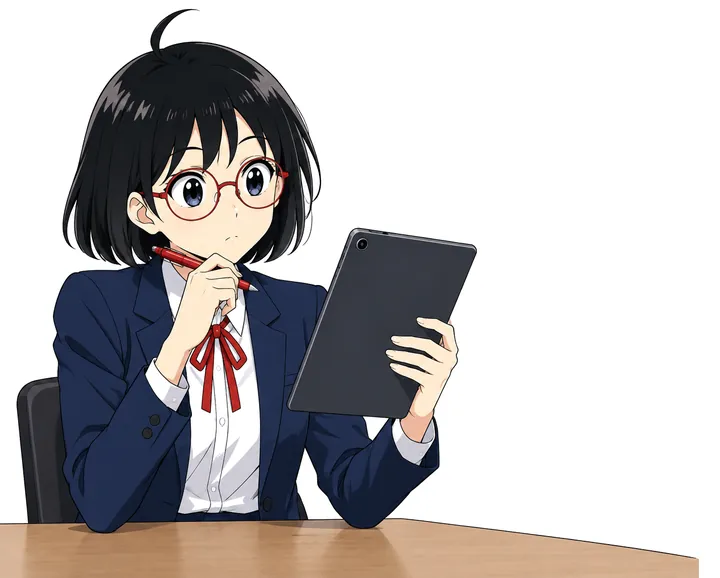 ひなたが赤ペンを持ち、原稿を確かめている挿絵