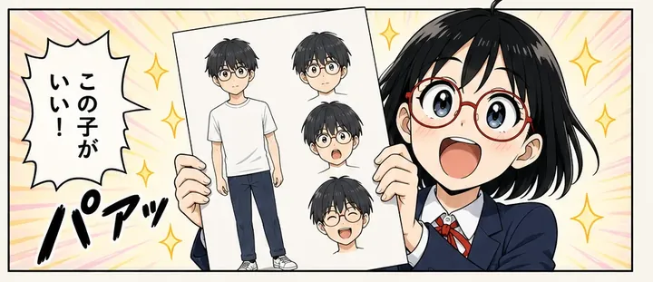 作例9ページ目のコマ。キャラクター案の紙を掲げて「この子がいい！」と喜ぶひなた