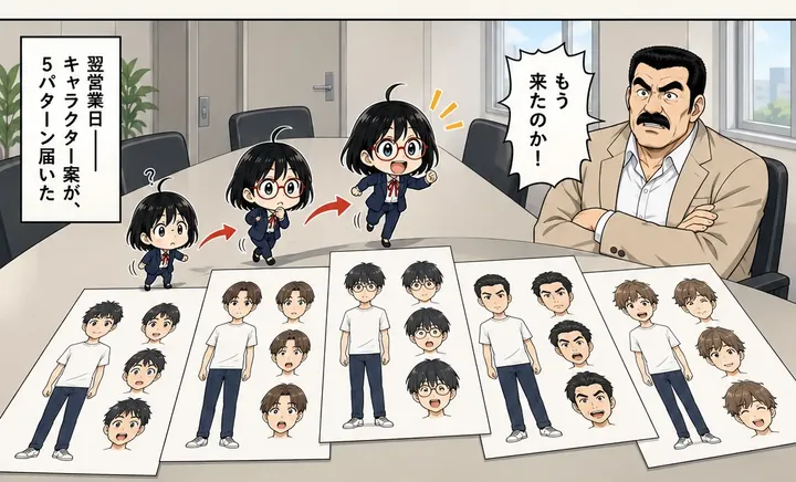 作例9ページ目のコマ。机に並んだキャラクター案に駆け寄るひなた。ナレーション「翌営業日——キャラクター案が、5パターン届いた」