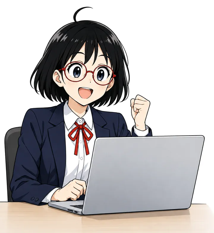 パソコンの前で喜ぶ芦原ひなた（挿絵）