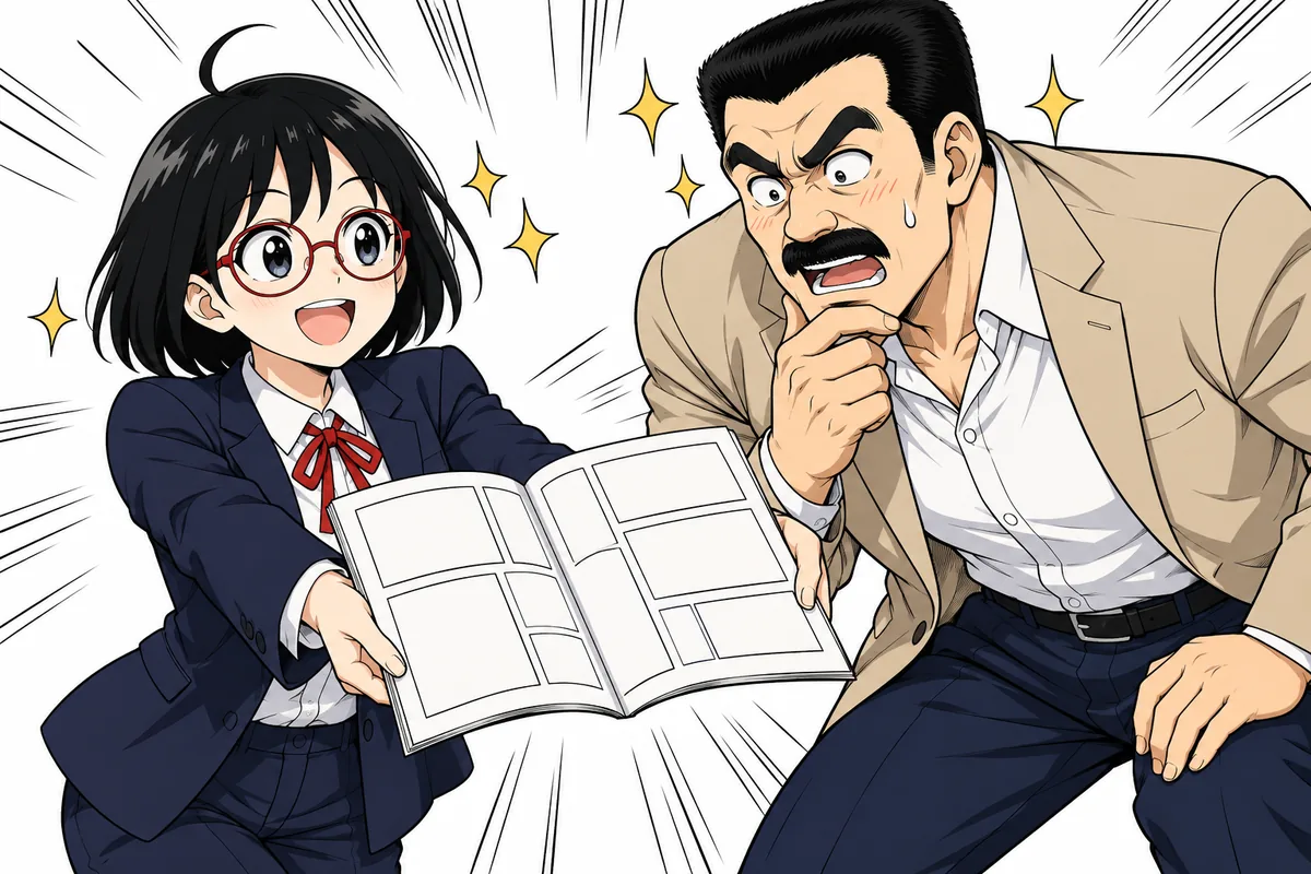 冊子を見せる芦原ひなたと、驚く轟部長（挿絵）