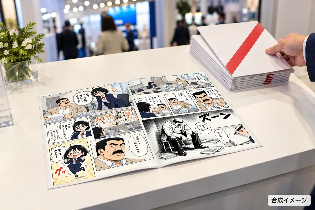 展示会の白い机に開いた冊子。中は当社の作例3・4ページ目。奥に閉じた冊子の山と、それを手に取る手（写真は合成）