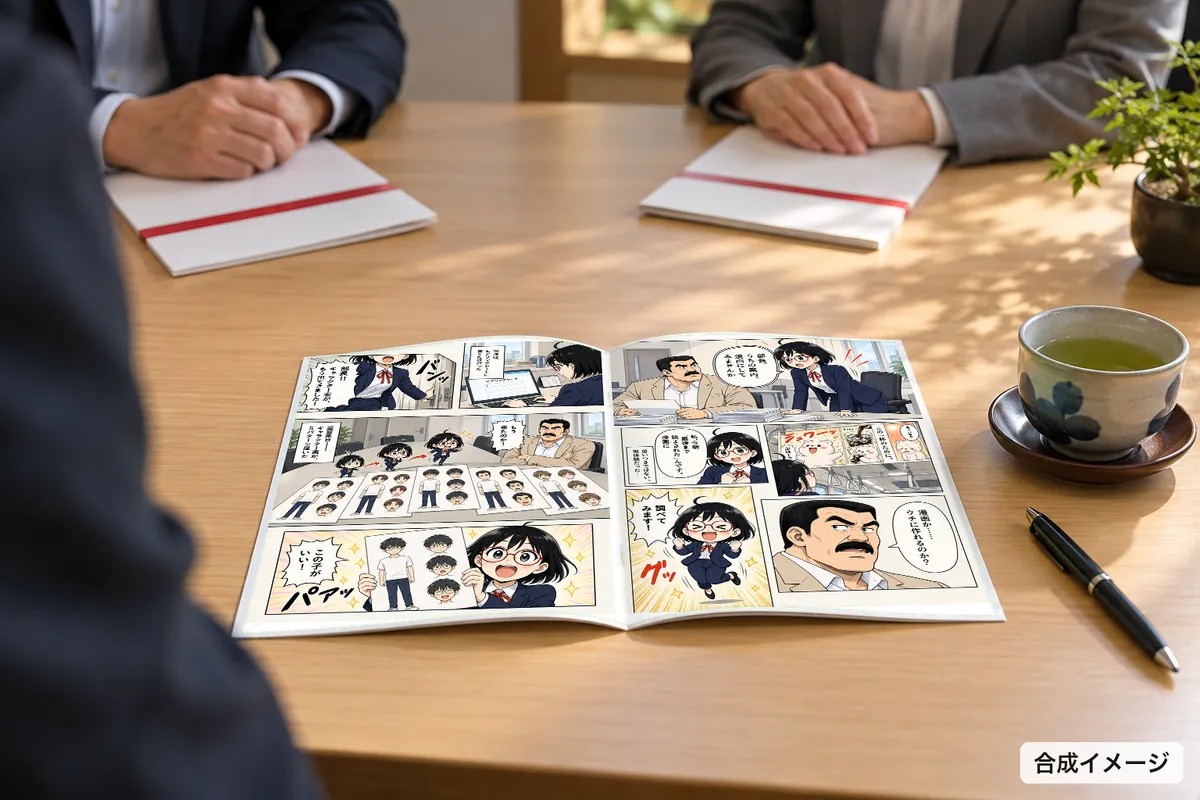 会議の机に開いた冊子。中は当社の作例4・9ページ目（写真は合成）