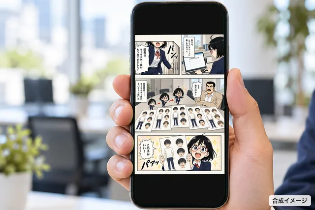 オフィスで手に持ったスマートフォンに、当社の作例9ページ目（写真は合成）