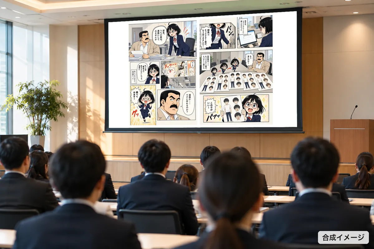 会社説明会のスクリーンに、当社の作例4ページ目と9ページ目。手前に後ろ姿の参加者（写真は合成）