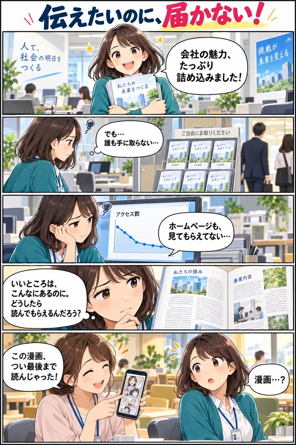 AIに頼んだ1ページ目。横長のコマが5段（AIが作った架空の内容）