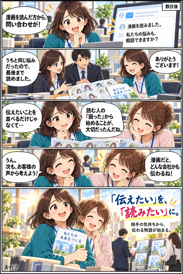 AIに頼んだ4ページ目。どのコマも胸から上（AIが作った架空の内容）