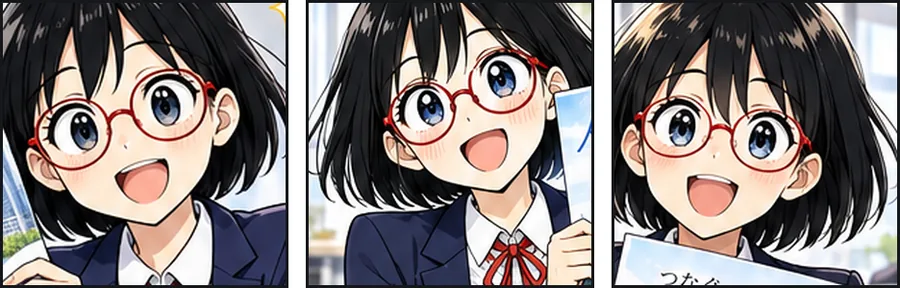 キャラクターの設定画を読み込ませて、別々に3回頼んだときの主人公の顔（AIが作った架空の内容）