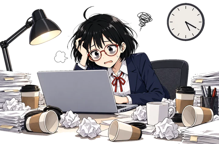 夜中まで作業して疲れ切った芦原ひなた。机の上に紙コップと丸めた紙が散らばっている（挿絵）