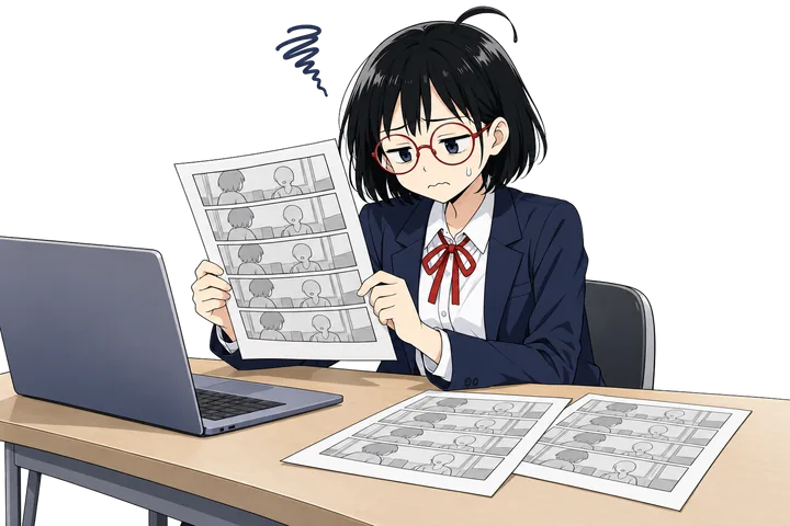 ノートPCの前で、AIで作った単調な漫画のページを見てがっかりする芦原ひなた（挿絵）