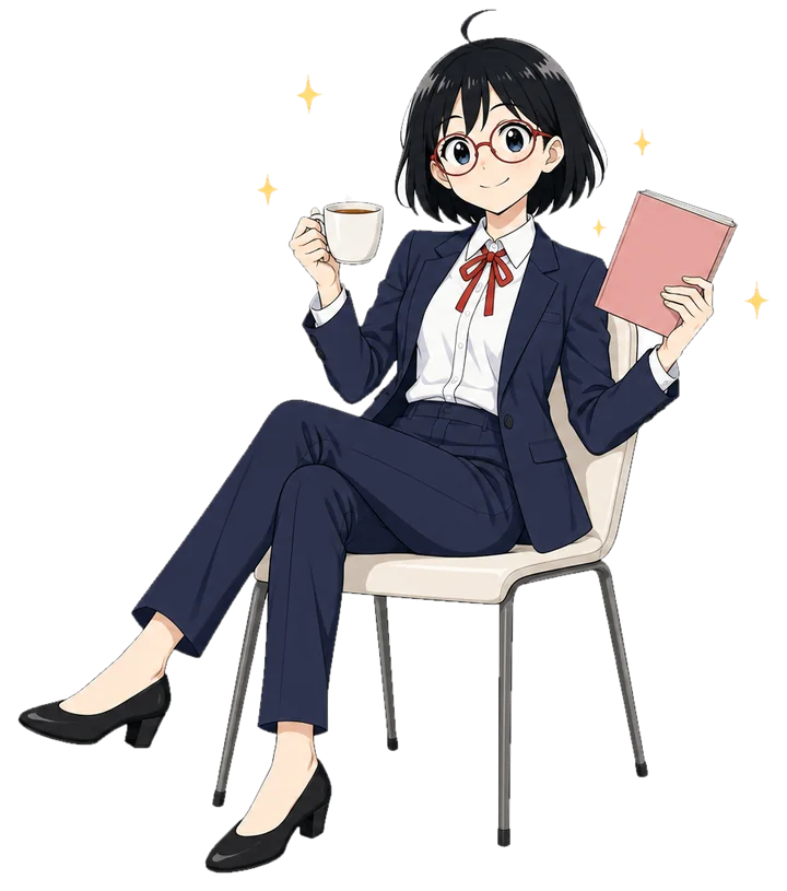 お茶を飲みながら、完成した冊子を手にする芦原ひなた（挿絵）