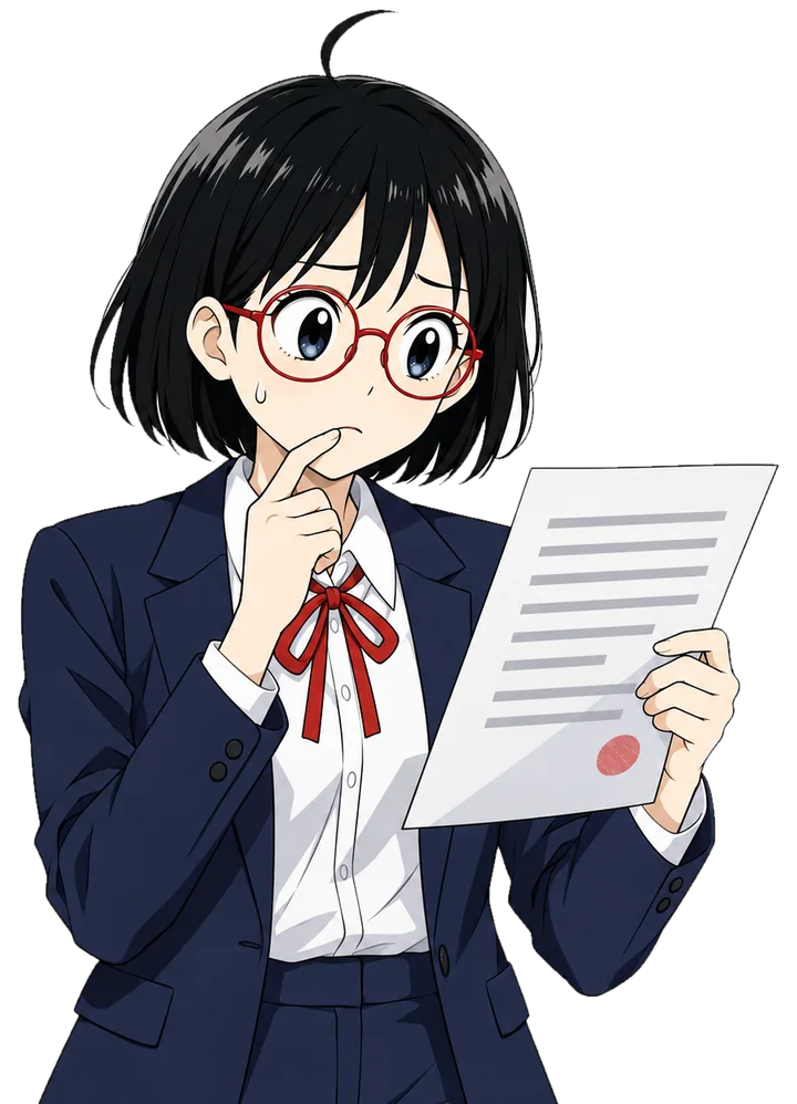 契約書を見ながら、不安そうに考える芦原ひなた（挿絵）