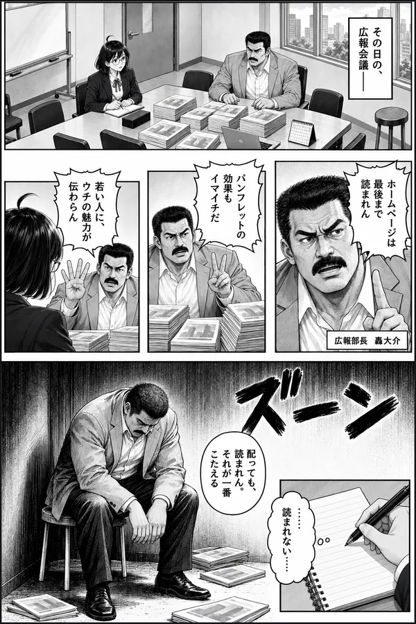 当社の作例3ページ目を、青年誌スタイル（白黒）で描き直したもの